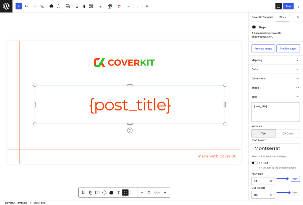 CoverKit editor showing a WordPress-native visual template workflow.